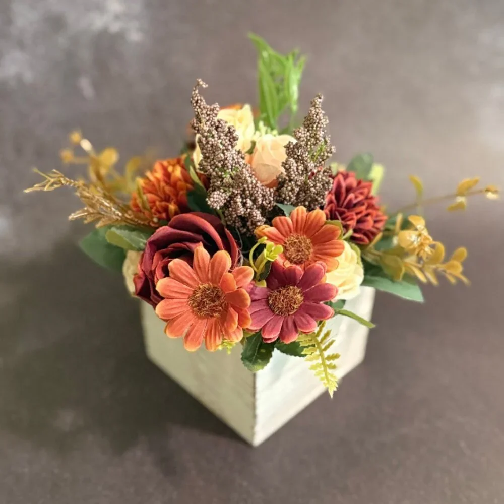 Fall Faux Floral Arrangement in Rustic Wooden Box – Home or Office Decor